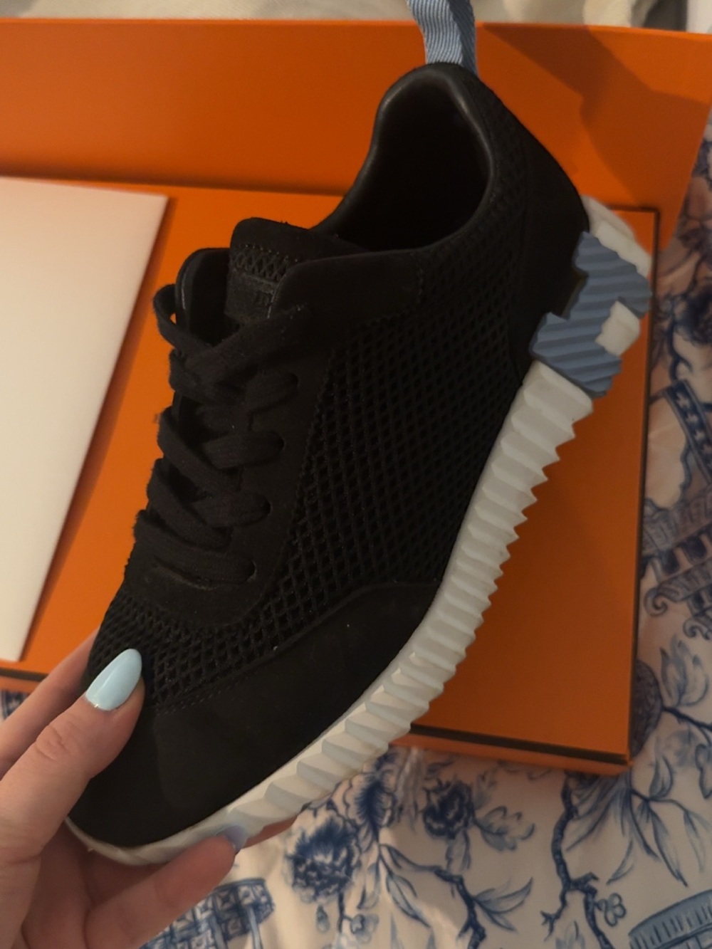 Hermes Black Mesh Lace-Up Sneaker with White and Light Blue Sole